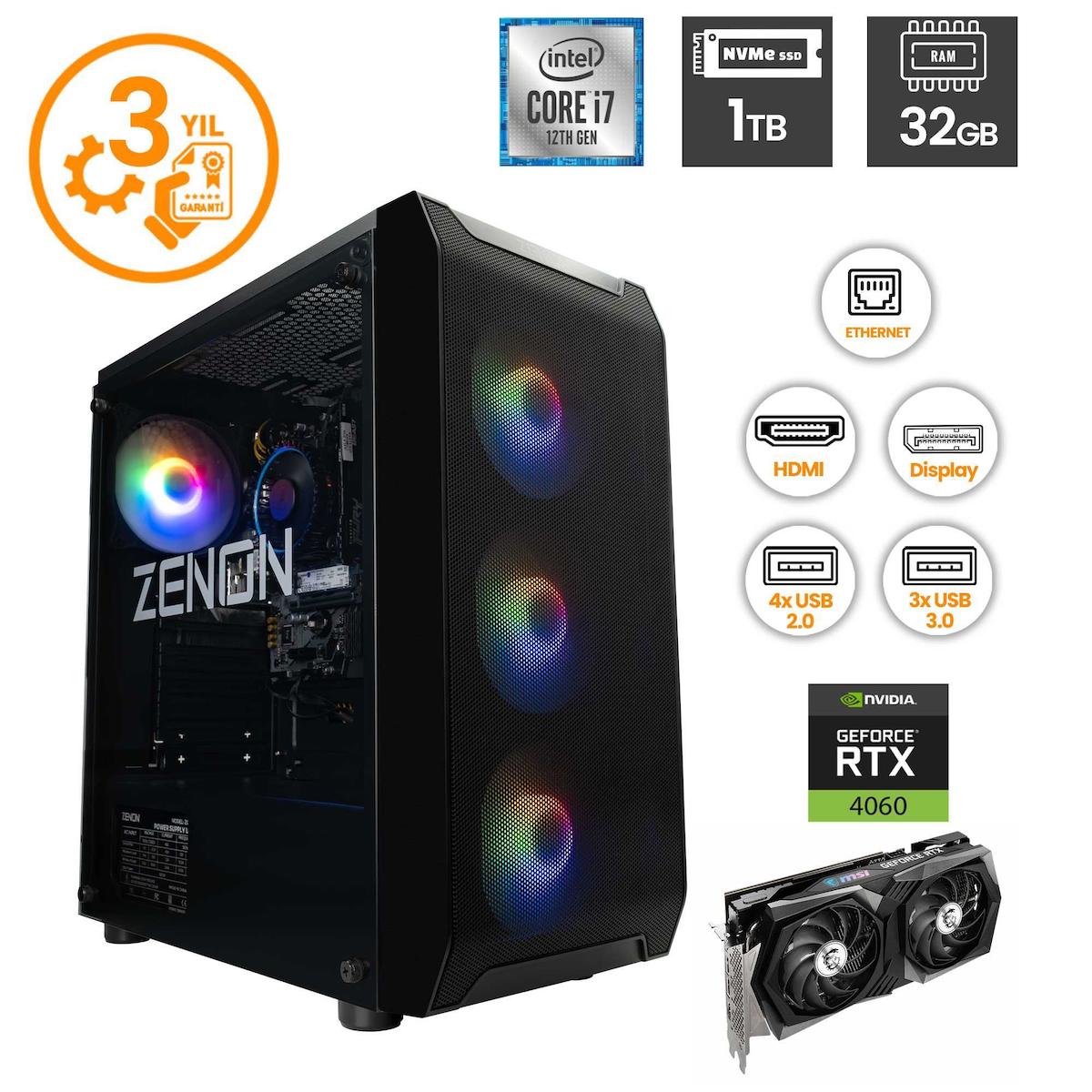 Zenon ZENON RAKS TR106 Harici GeForce RTX 4060 Intel Core i7 12700F 32 GB Ram 1 TB SSD Tower FreeDos Masaüstü Bilgisayar