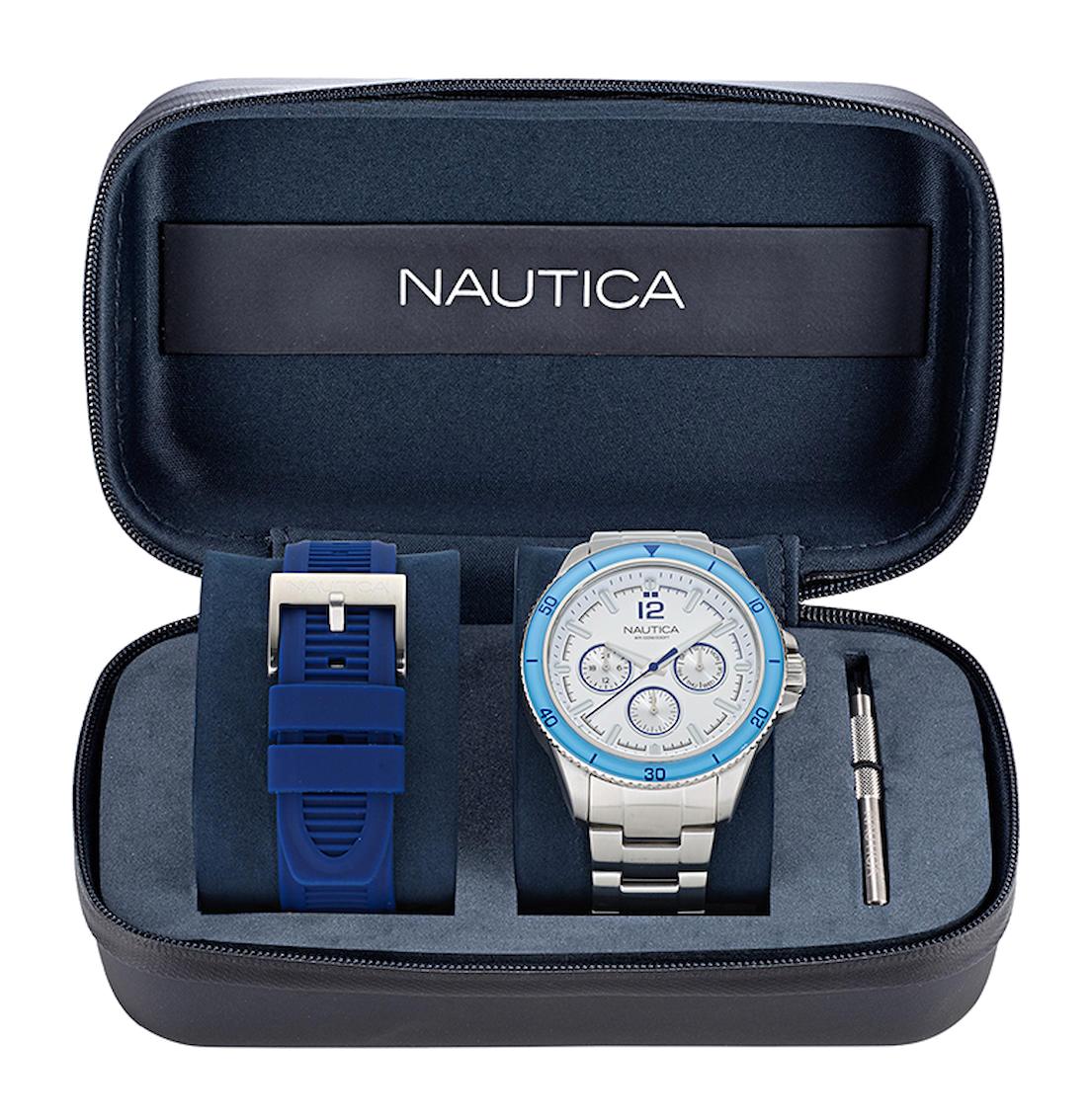 Nautica NAPWRS405 Takvimli Gri-Lacivert Çelik Kordon Analog Erkek Kol Saati