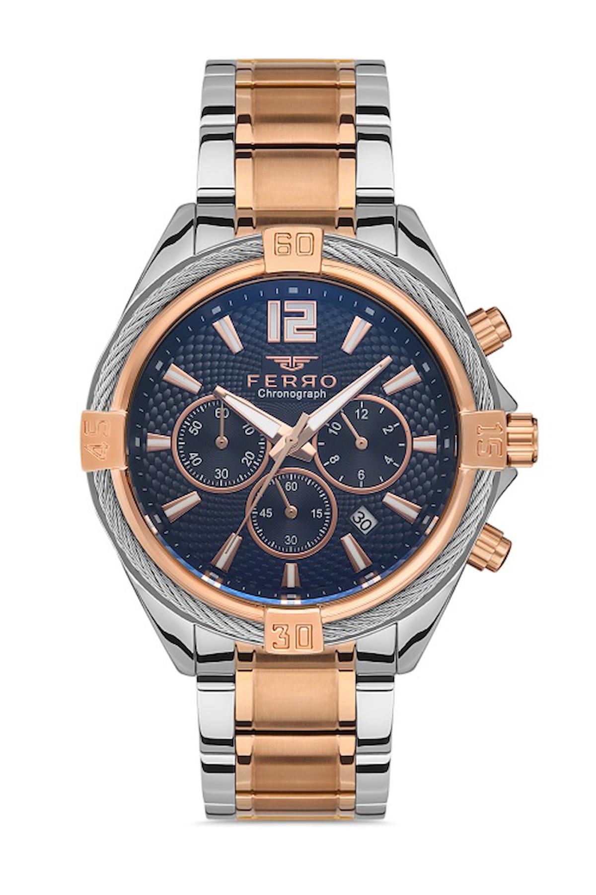 Ferro FM31248A-E3 Takvimli 45 mm Gri-Rose Gold Metal Kordon Analog Erkek Kol Saati