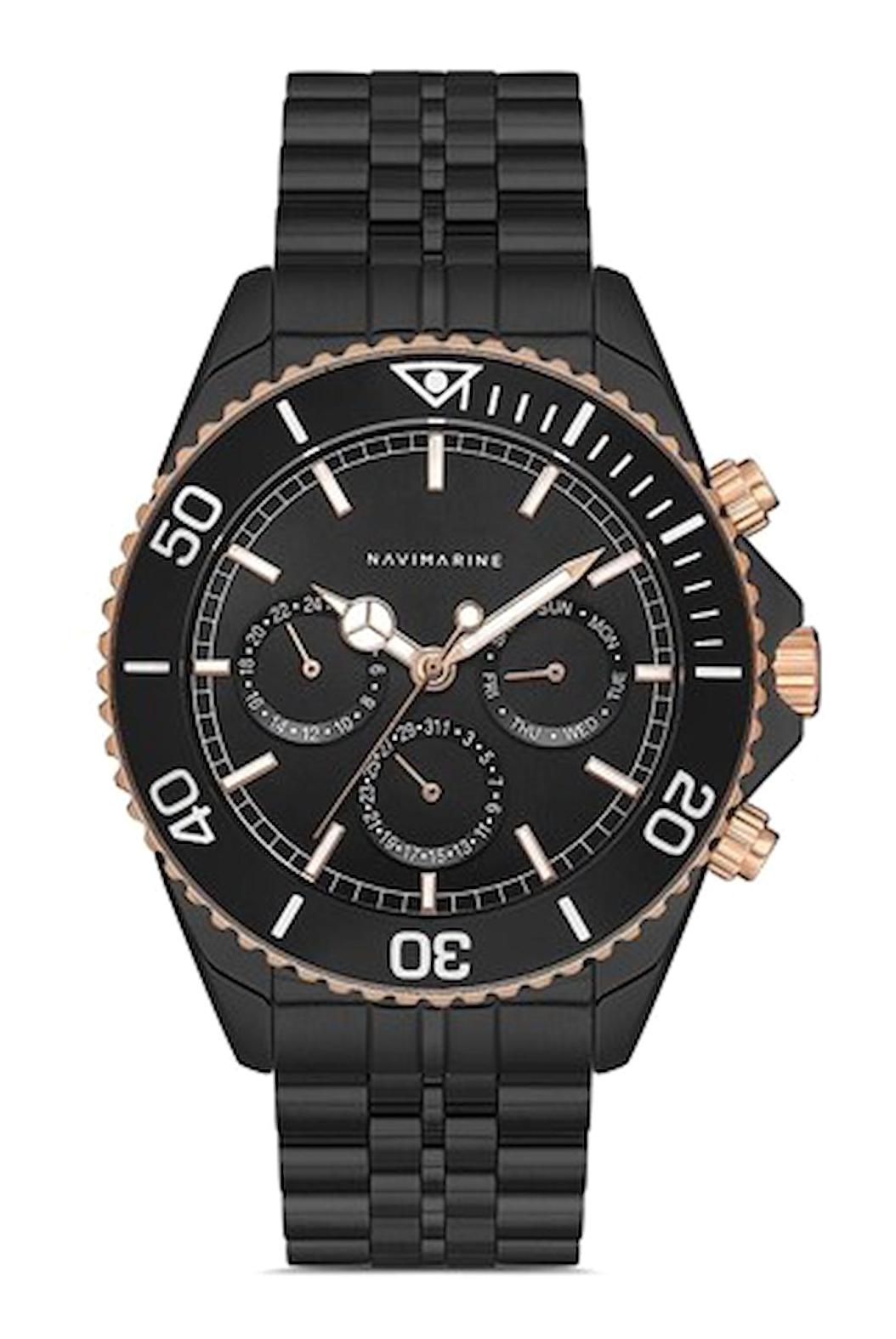 Navimarine SEE1003-5 Takvimli 44 mm Siyah Çelik Kordon Analog Kol Saati