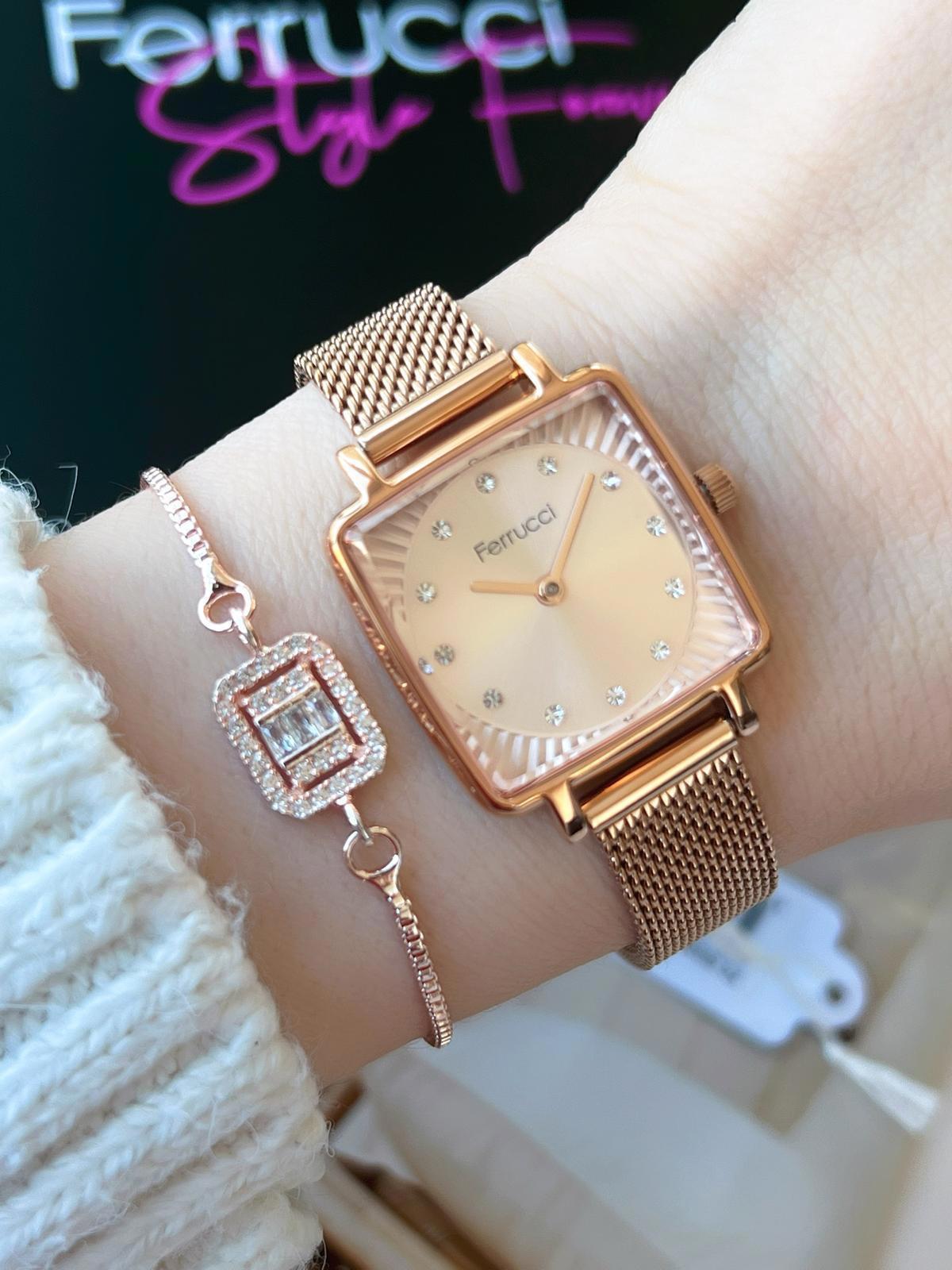 Ferrucci BLKT.B.100 34 mm Rose Gold Çelik-Deri Kordon Analog Kadın Kol Saati