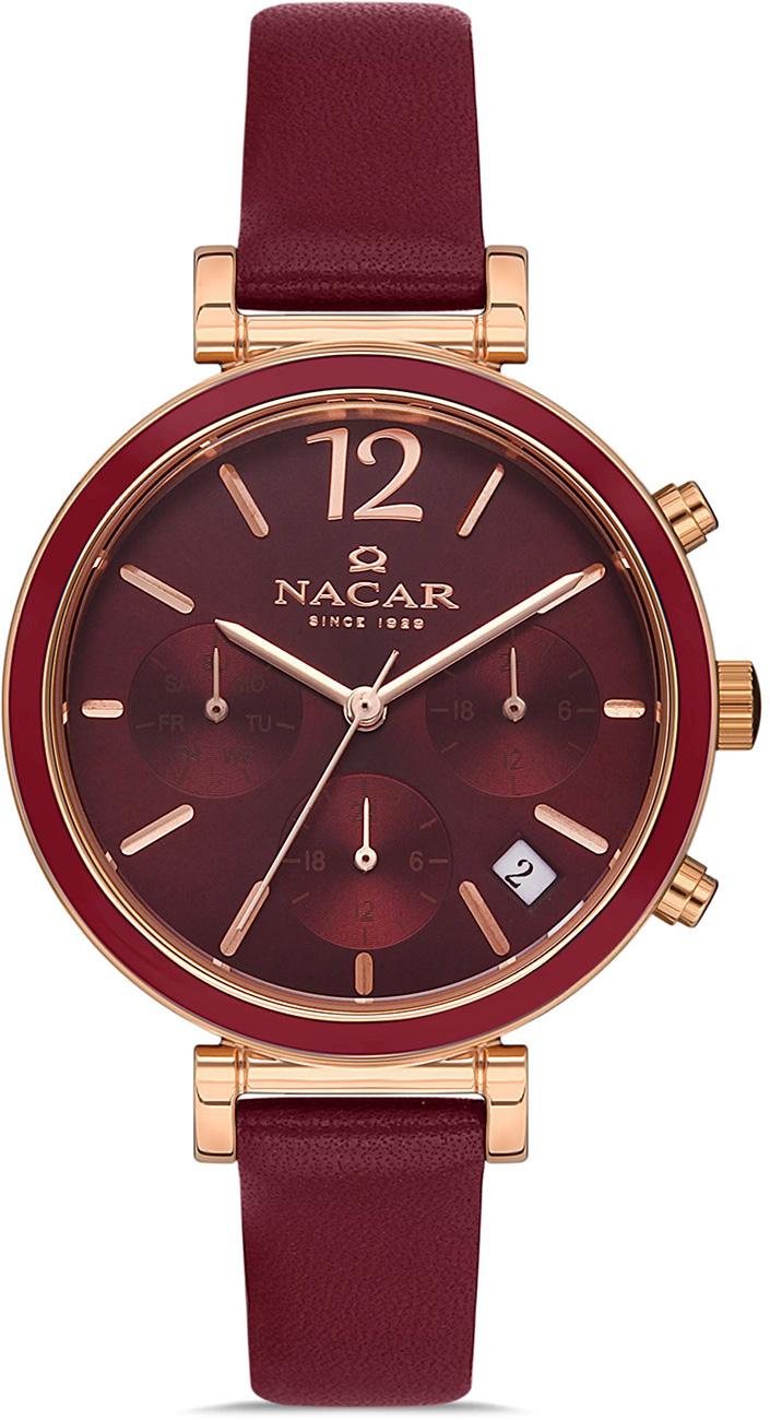 Nacar NC36-391052-RDRL13 Takvimli 35 mm Kırmızı-Rose Gold Deri Kordon Analog Kadın Kol Saati