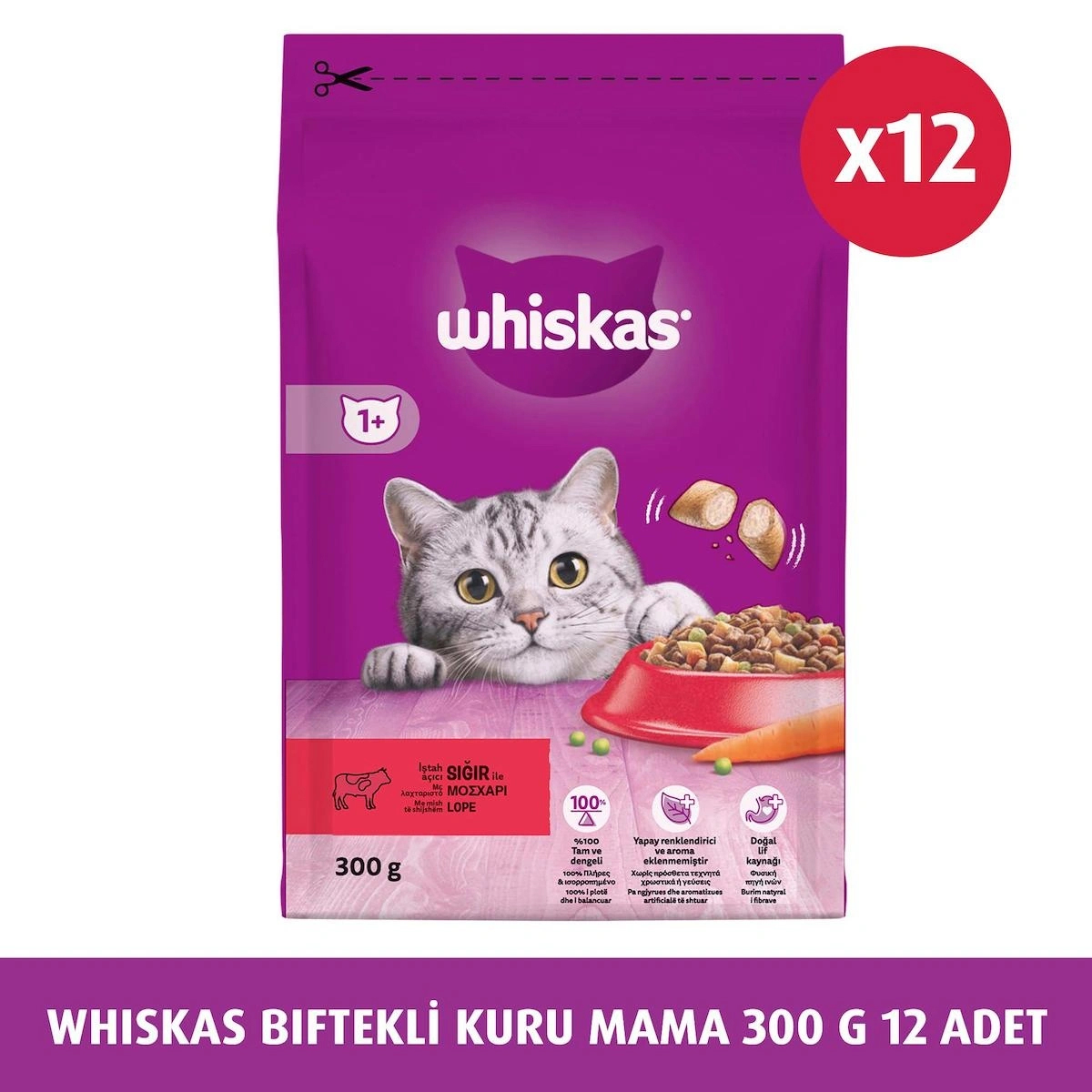 Whiskas Sığır Etli-Havuç Yetişkin Kuru Kedi Maması 12x300 gr