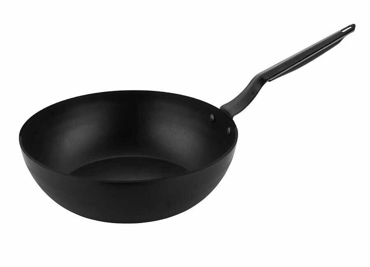 Horeca Plastik Saplı Döküm 30 cm Wok Tava Siyah