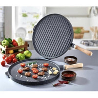 Biliz Çift Taraflı Ahşap Saplı Döküm 36 cm Grill Tava Gri