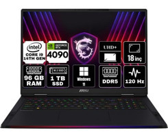 MSI Raider 18 Hx A14VIG-468TR-A29 Harici GeForce RTX 4090 Intel Core i9 14900HX 96 GB Ram 1 TB SSD 18 inç UHD+ Windows 11 Pro Gaming Laptop + Anzar Mouse