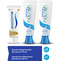 Sensodyne Nourish Doğal Ferahlık Organik Florürlü Diş Macunu 2x75 ml + Tam Koruma Beyazlatıcı Diş Macunu 50 ml