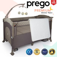 Prego Premium Alüminyum 25 kg Kapasiteli Ayarlanabilir Katlanabilir 70x120 cm Anne Yanı Park Yatak Bej-Gri