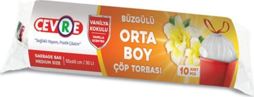 Çevre Vanilya Kokulu Şeffaf Büzgülü Orta Boy 55x60 cm Çöp Poşeti 10x12 Adet Beyaz