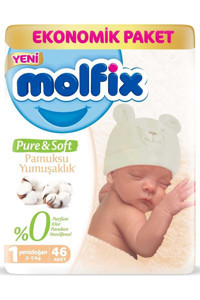 Molfix Pure & Soft Yenidoğan 1 Numara Cırtlı Bebek Bezi 46 Adet