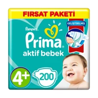 Prima Aktif Bebek 4 + Numara Cırtlı Bebek Bezi 200 Adet