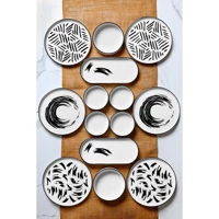 Kitchen Life Brush Desenli 14 Parça 6 Kişilik Seramik Kahvaltı Takımı Beyaz-Siyah