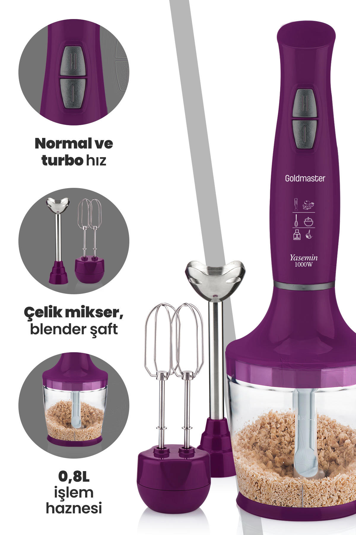 Goldmaster Gbls-7200G 500 ml Turbolu Çift Bıçaklı Blender Seti Gri