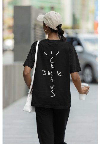 Fuddy Moda Travis Scott Logo Sırt Baskılı T-Shirt, Unisex Jack Cactüs Baskıl 001 Beyaz 3Xl