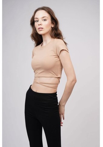 Gabria Kadın Bel Bağlamalı Mini T-Shirt Bej S
