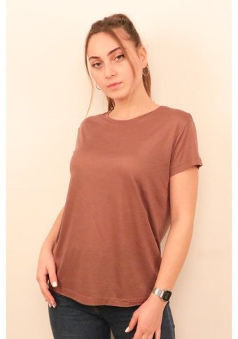 Rich Kadın O Yaka T-Shirt %100 Pamuk T-Shirt Kahve M
