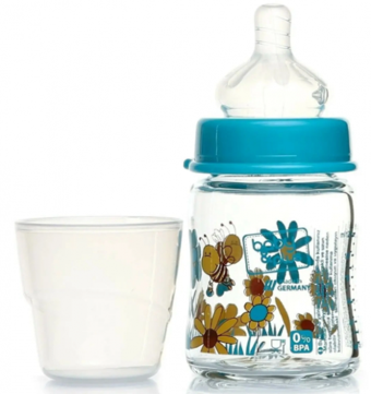 Baby&Plus BYP-21006 Cam Gaz Yapmayan Antikolik Kulpsuz Desenli Mavi Yuvarlak Uçlu Bebek Biberon 120 ml