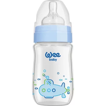 Wee Baby Klasik Plus Cam Gaz Yapmayan Antikolik Kulpsuz Desenli Mavi Yuvarlak Uçlu Bebek Biberon 180 ml