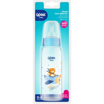 Wee Baby Klasik Cam Gaz Yapmayan Antikolik Yenidoğan Yavaş Akışlı Kulpsuz 0-6 Ay Desenli Mavi Yuvarlak Uçlu Bebek Biberon 250 ml