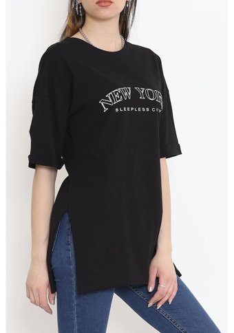 Tozlu Yaka Baskılı Duble Kol T-Shirt Siyah 16560.1567. 001 Siyah L