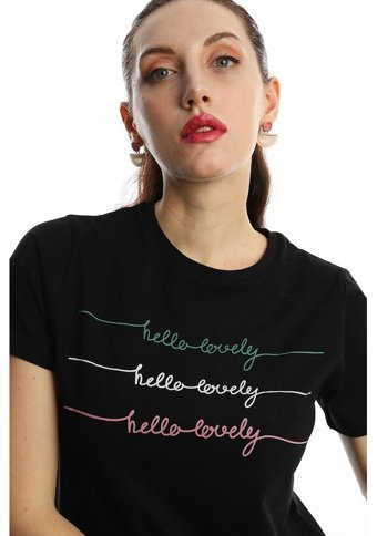 Polo State Kadın Hello Lovely Yazı Baskılı T-Shirt Siyah M