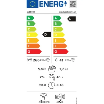 Hoover H3DS495TAME 9 kg 1400 Devir D Enerji Sınıfı Buharlı Beyaz Kurutmalı Solo Çamaşır Makinesi