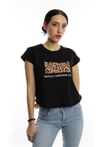 Polo State Kadın Pars Desen Baskılı Crop T-Shirt Siyah Xs