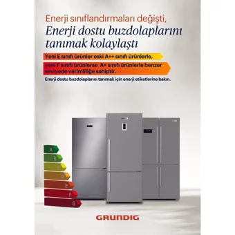 Grundig GRNE 4653 S Çift Kapılı Statik F Enerji Sınıfı 406 lt Gri Üstten Donduruculu Solo Kombi Tipi Buzdolabı