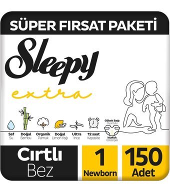 Sleepy Extra 1 Numara Organik Göbek Oyuntulu Cırtlı Bebek Bezi 150 Adet