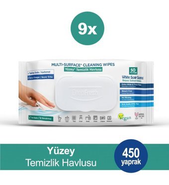 Deep Fresh İz Bırakmaz Karbonat & Beyaz Sirke 50 Yaprak 9'lu Paket Yüzey Temizleme Mendili