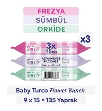Baby Turco Flower Bunch 15 Yaprak 9'lu Paket Islak Mendil
