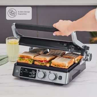 Karaca Compact Steel Sear and Grill 6 Dilim Döküm Çıkartılabilir Plaka İnox Izgaralı Tost Makinesi