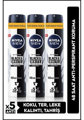 Nivea Black&White Invisible Sprey Erkek Deodorant 3x200 ml