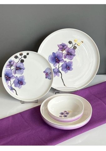 Sembol Vogue007 24 Parça 6 Kişilik Desenli Bone China Porselen Yuvarlak Yemek Takımı