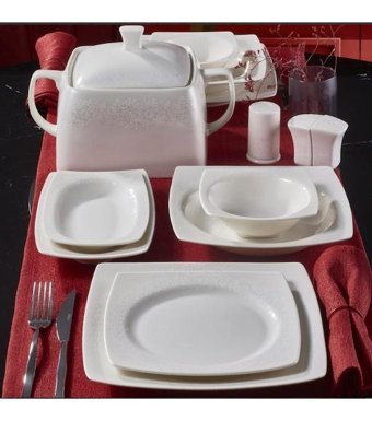 Güral Porselen 54981 62 Parça 12 Kişilik Bone China Porselen Kare Yemek Takımı