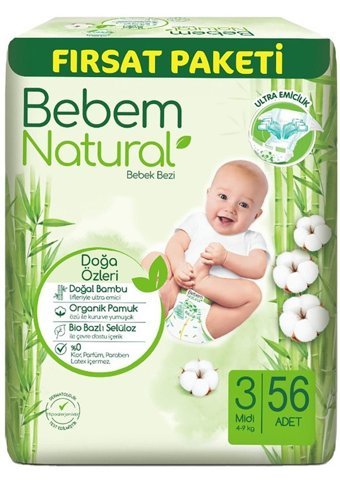 Bebem Natural 3 Numara Bantlı Bebek Bezi 56'lı