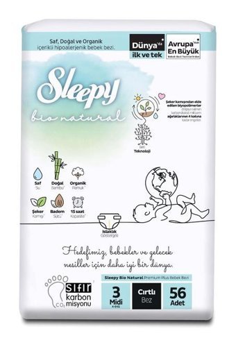 Sleepy Bio Natural 3 Numara Bantlı Bebek Bezi 56'lı