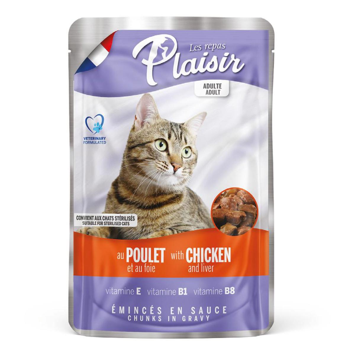 Plaisir Pouch Yetişkin Ciğer-Tavuk Parça Etli-Soslu Yaş Kedi Maması 12x100 gr