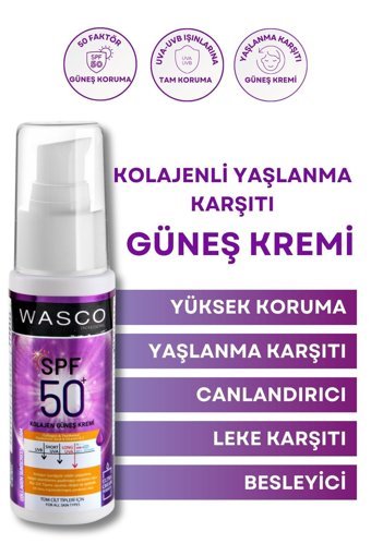 Wasco 50 Faktör İçin Leke Karşıtı Nemlendirici Yaşlanma Karşıtı Suya Dayanıklı Yüz ve Vücut Güneş Kremi 50 ml