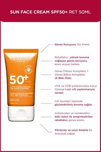 Clarins Sun Face Cream 50 Faktör Tüm Ciltler İçin Nemlendirici Suya Dayanıklı Yüz Güneş Kremi 50 ml