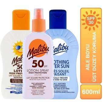 Malibu 50 Faktör İçin Nemlendirici Yağsız Suya Dayanıklı Yüz ve Vücut Güneş Losyonu 3x200 ml