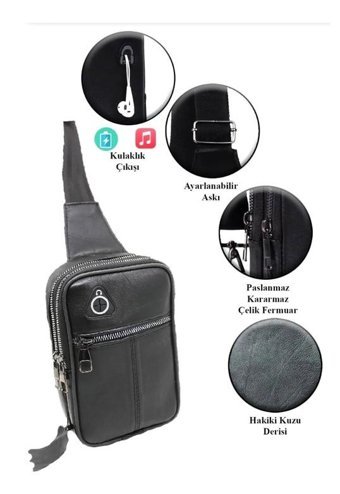 Newish Polo Deri Freebag Kulaklık Çıkışlı Çift Fermuar Siyah Erkek Sırt Çantası