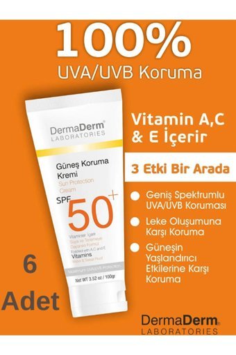 Dermaderm Renksiz 50 Faktör Tüm Ciltler İçin Leke Karşıtı Nemlendirici Yaşlanma Karşıtı Yağsız Suya Dayanıklı Yüz Güneş Kremi 6x100 gr