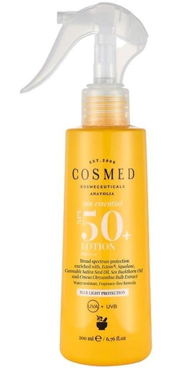 Cosmed Sun Essential Renksiz 50 Faktör Tüm Ciltler İçin Nemlendirici Suya Dayanıklı Vücut Güneş Losyonu 200 ml