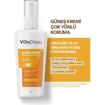 VilleD'eau Renksiz 50 Faktör İçin Leke Karşıtı Yaşlanma Karşıtı Suya Dayanıklı Yüz ve Vücut Güneş Kremi 125 ml