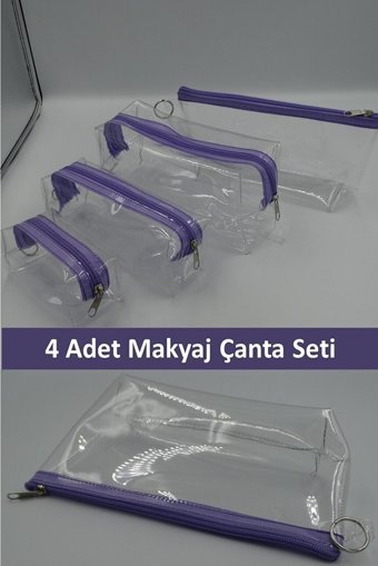 Çamdertekstil Mor Şeffaf Pvc 4 Boy Makyaj Çantası Seti