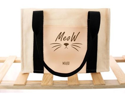 Miaju Meow Desenli Deri Cepli Kanvas Tote Bag Kol Omuz Kadın Omuz Çantası Krem