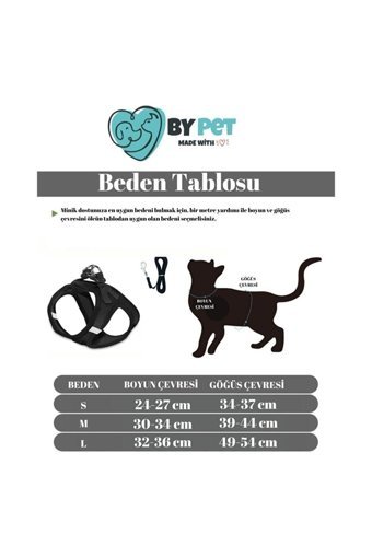 Bypet Fileli Fosforlu Siyah Ayarlanabilir Gezdirme Göğüs Kedi Tasması