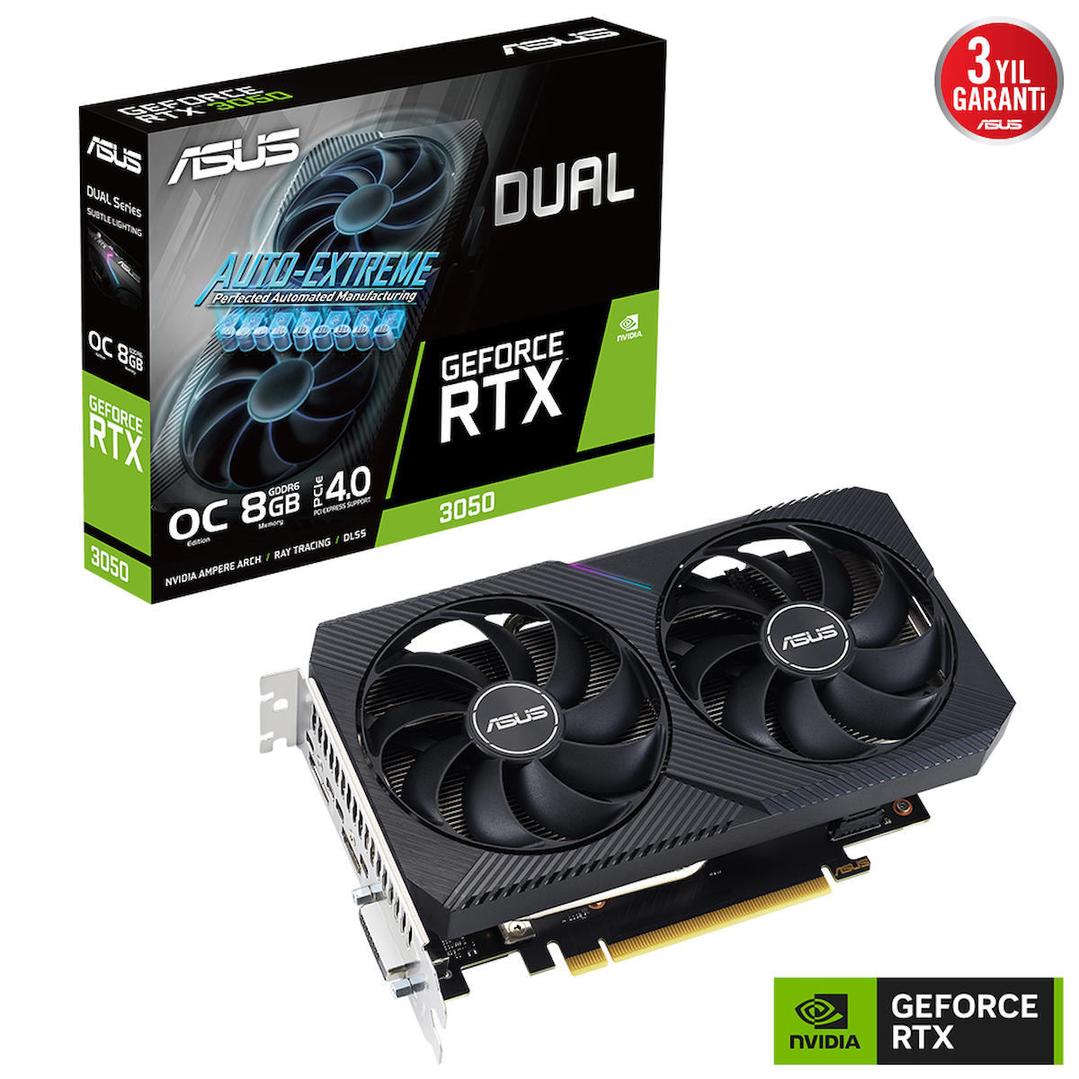 Asus Dual V2 RTX 3050 OC 8 GB GDDR6 PCI-Express 4.0 DirectX 12 Ultimate 2 Fanlı 128 Bit Nvidia Ekran Kartı