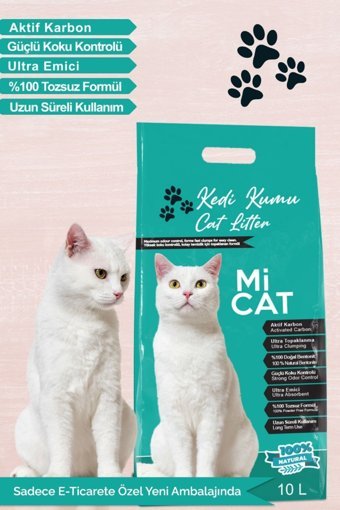 Mi Cat Kokusuz Topaklanan İnce Taneli Aktif Karbonlu Bentonit Kedi Kumu 10 lt